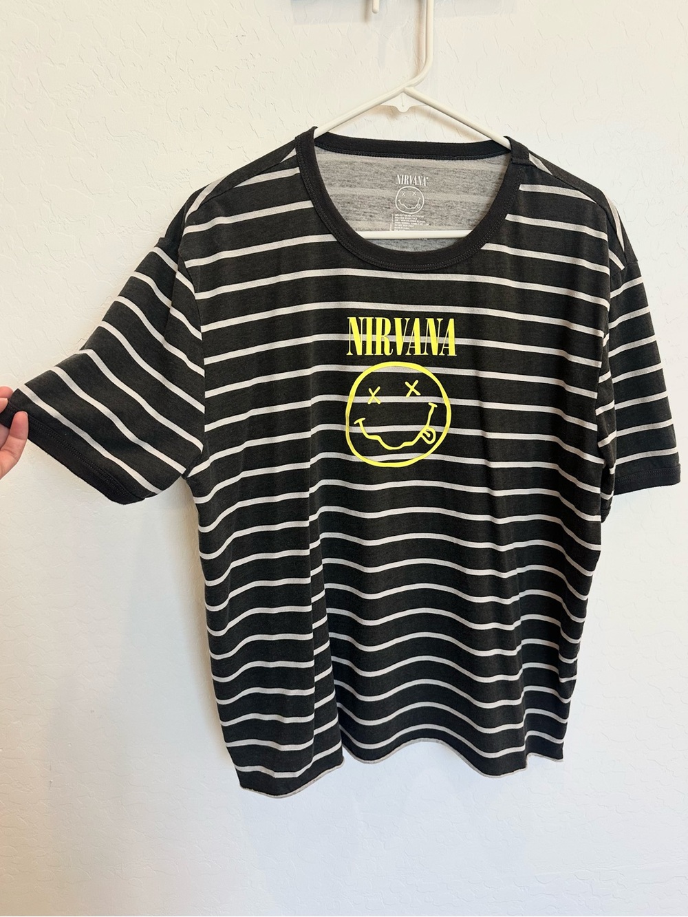 NIRVANA Black & White Striped Band Tee with Yellow Smiley